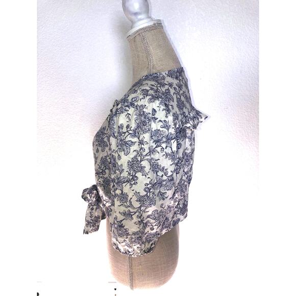 Cynthia Rowley Cottage Core Blue Floral Vintage Style Cropped Line Blouse - M - Picture 2 of 5